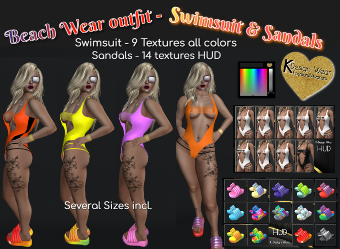 Beach Wear Outfit - Swimsuit & Sandals w HUD -Bag