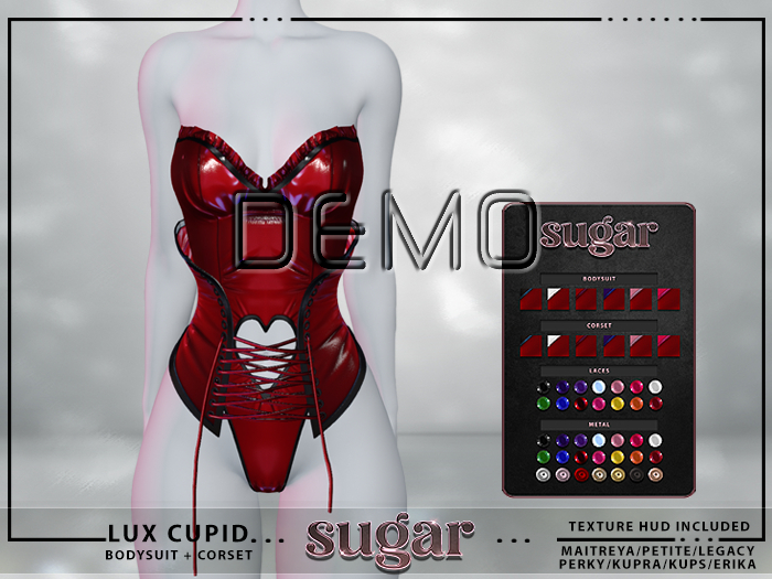 [sugar] 'Lux Cupid' Bodysuit & Corset Demo [RED HUD]  MAITREYA • PETITE • LEGACY • PERKY • KUPRA • KUPS • ERIKA