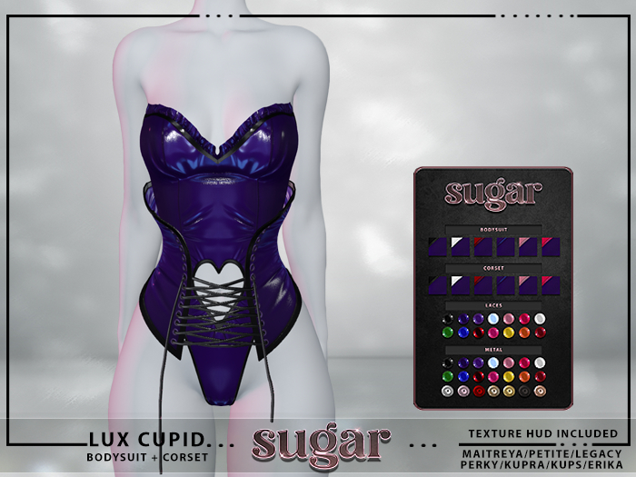 [sugar] 'Lux Cupid' Bodysuit & Corset [PURPLE HUD]  MAITREYA • PETITE • LEGACY • PERKY • KUPRA • KUPS • ERIKA