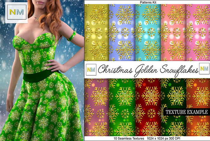 Christmas Golden Snowflakes Pattern Kit 10 Seamless Textures NM