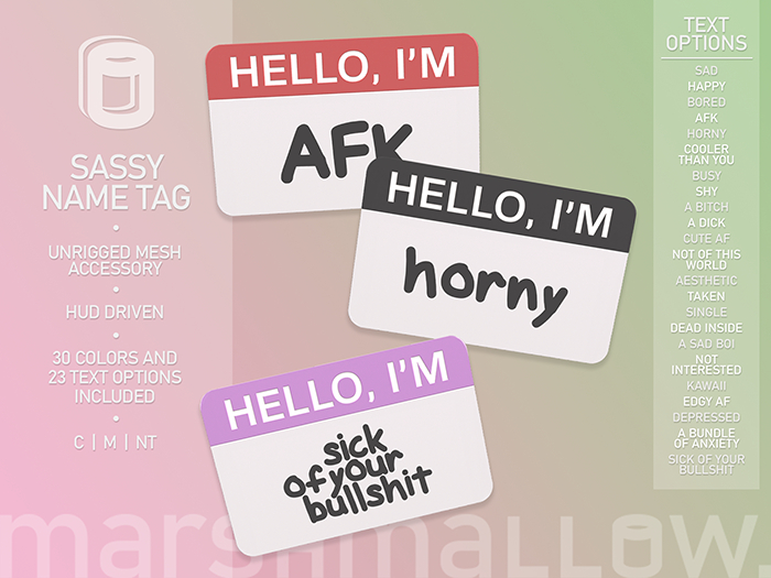 marshmallow. Sassy Name Tag