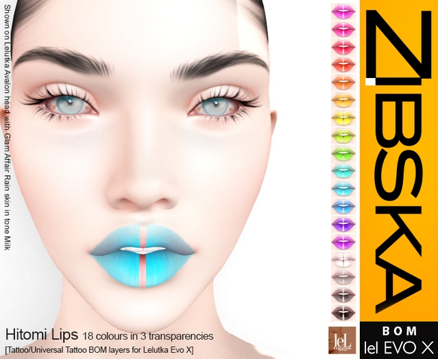 Zibska Evo X ~ Hitomi Lips in 18 colors in 3 transparencies with tattoo and universal tattoo BOM layers