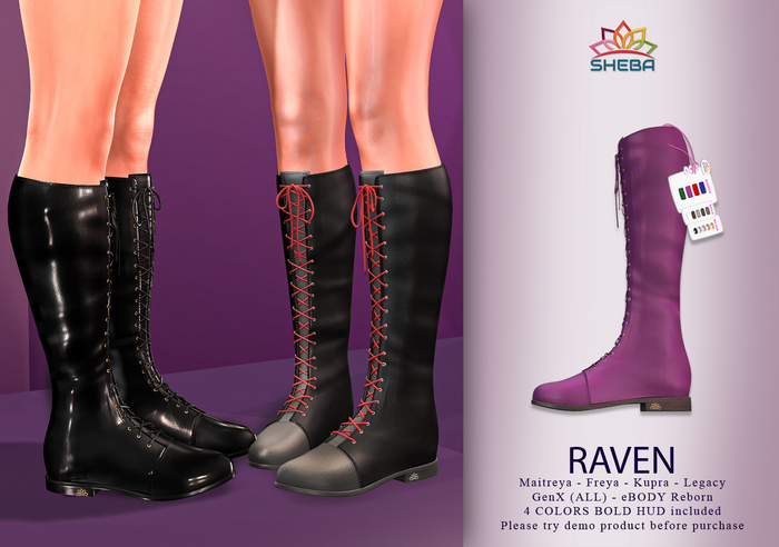 Second Life Marketplace - Raven Lace Up Knee Flat Boots (Fatpack ...