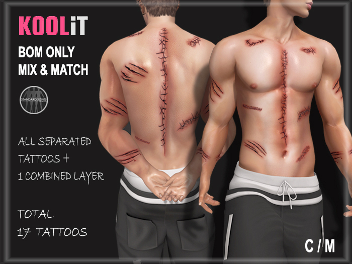 KooLit - (Upper Body Pack) Scratch / Scar & Stitches Tattoo BOM (Add Me)