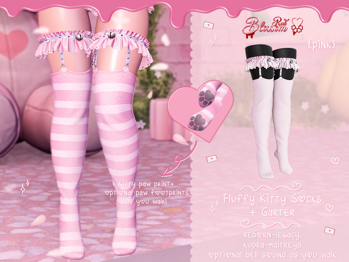 { Red Blossom } Fluffy Kitty Socks + Garters { PINK }