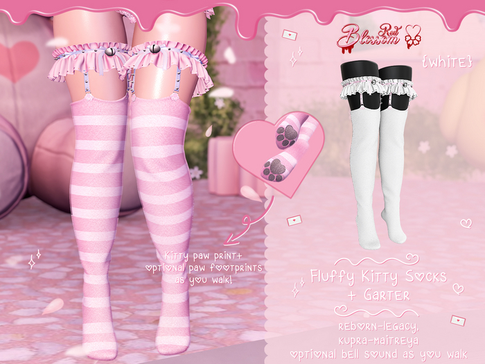 { Red Blossom } Fluffy Kitty Socks + Garters { WHITE }