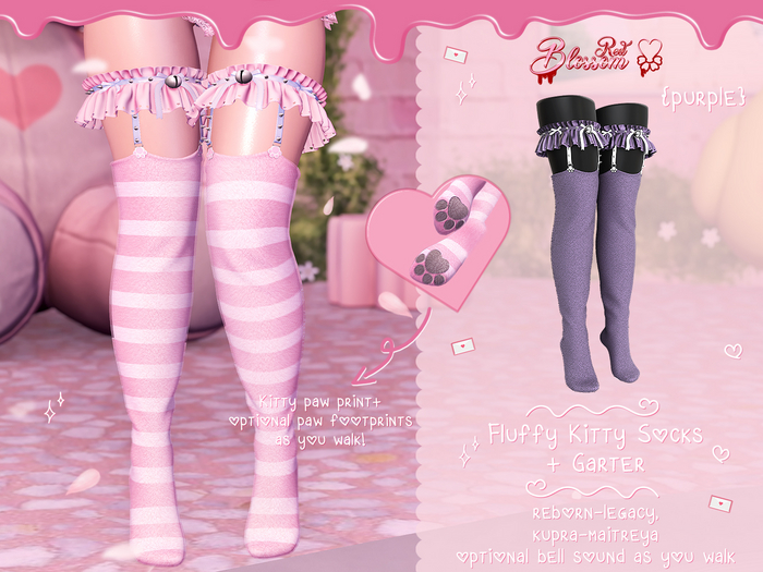 { Red Blossom } Fluffy Kitty Socks + Garters { DARK PURPLE }