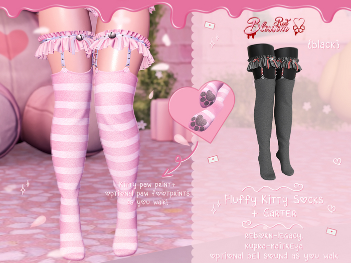{ Red Blossom } Fluffy Kitty Socks + Garters { BLACK }