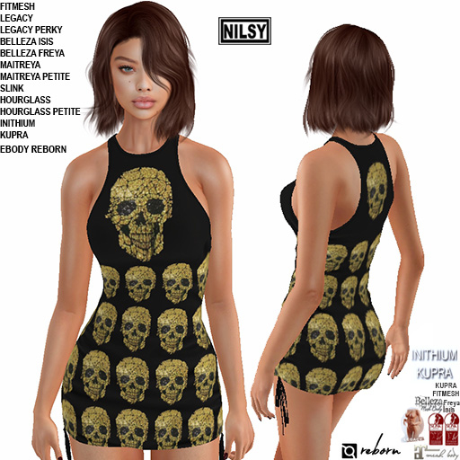 SKULL ROUCHED DRESS,CL&MESH BODY