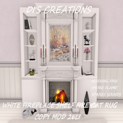 WHITE FIREPLACE SHELF FIRE CAT RUG