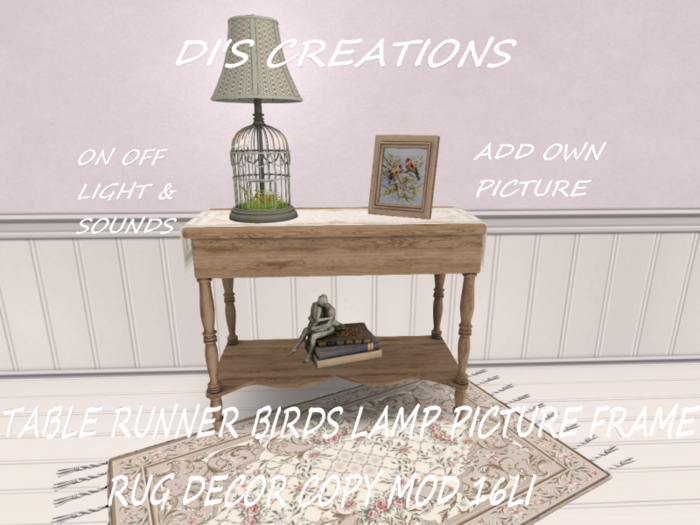 TABLE RUNNER BIRDS LAMP PICTURE FRAME RUG DECOR