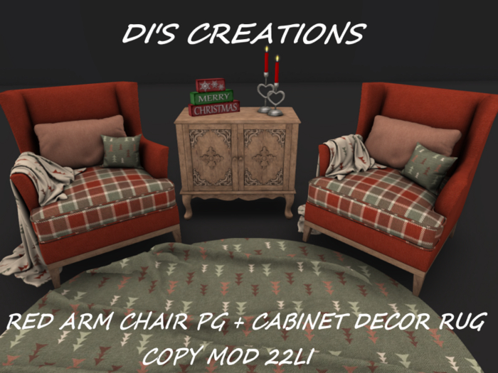 RED ARM CHAIR PG + CABINET DECOR RUG
