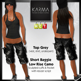 Karma - Top Grey, Short Baggie Black Camo with pockets