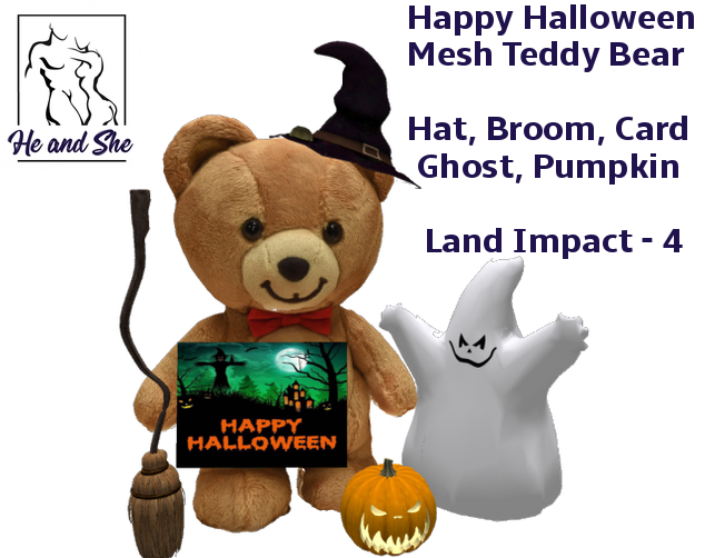 Happy Halloween Mesh Teddy Bear with Hat, Broom, Card, Ghost & Pumpkin **** Promotional Promo Gift Sale Price 50L