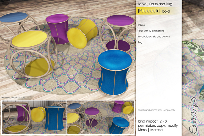 Sway's [Peacock] Tables, Poufs and Rug . bold