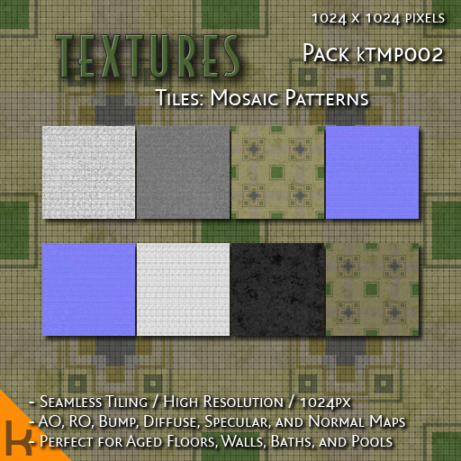 [kTMP002] Mosaic pattern tile texture in yellow brown and green with material maps for aged floors by E&D ENGINEERING