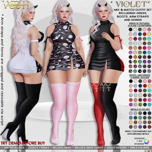 PROMO! " VOOH " VIOLET MIX & MATCH OUTFIT SET INCLUDING DRESS, BOOTS, ARM STRAPS & HORNS