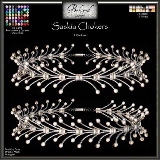 Beloved Jewelry : Saskia Chokers (Texture Change).  2 Versions, Silver, Gold, Gemstones, Diamond