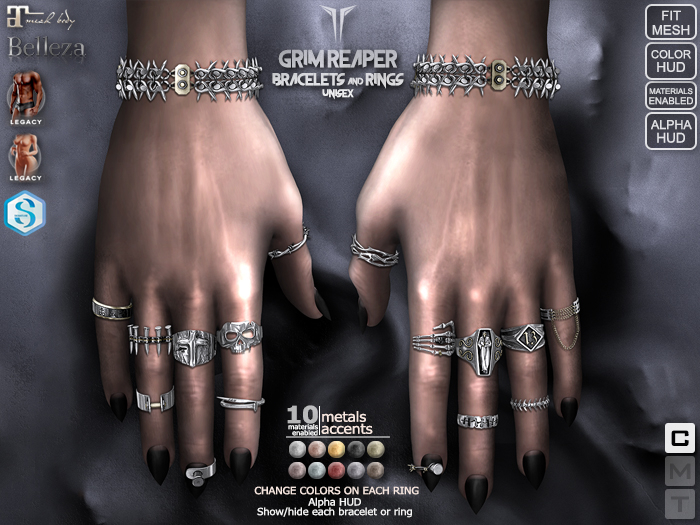 **RE** Grim Reaper Bracelets & Rings  - Maitreya - Belleza - Meshbody Legacy 