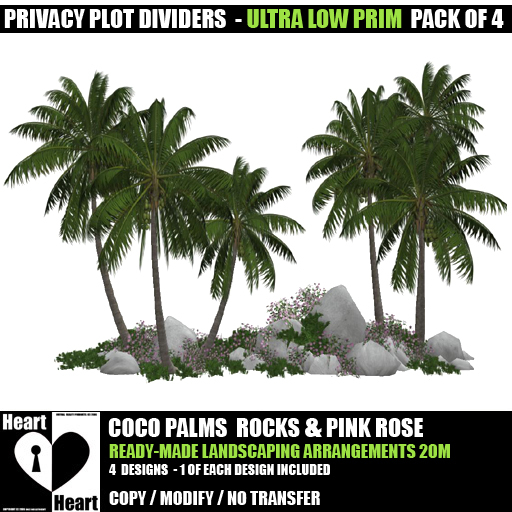 Palms - Tropical Ground Cover - Palms - Rocks - Heliotrope - Pink Roses