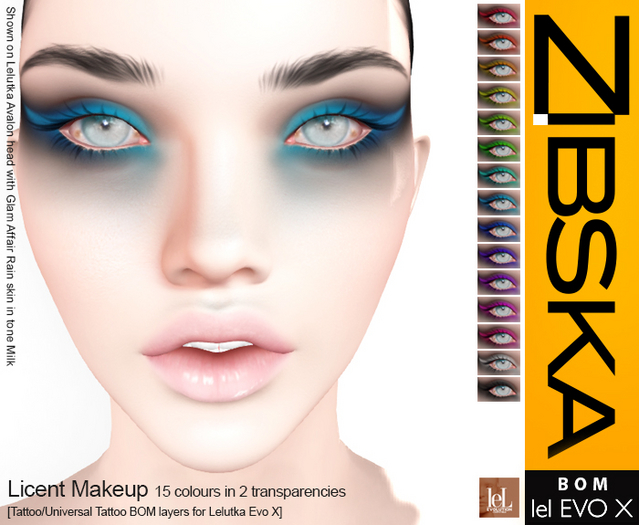 Zibska Evo X ~ Licent Makeup in 15 colors in 2 transparencies with tattoo and universal tattoo BOM layers