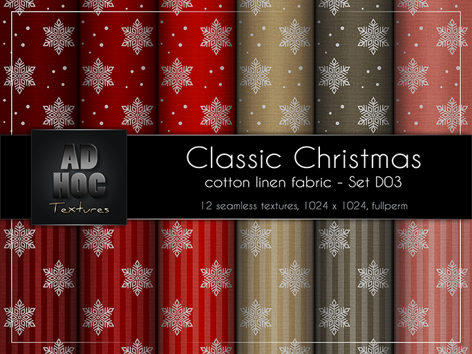 AD HOC - CLASSIC CHRISTMAS - Set D03 - Cotton Linen Fabric (snowflake stars, dots & stripes)