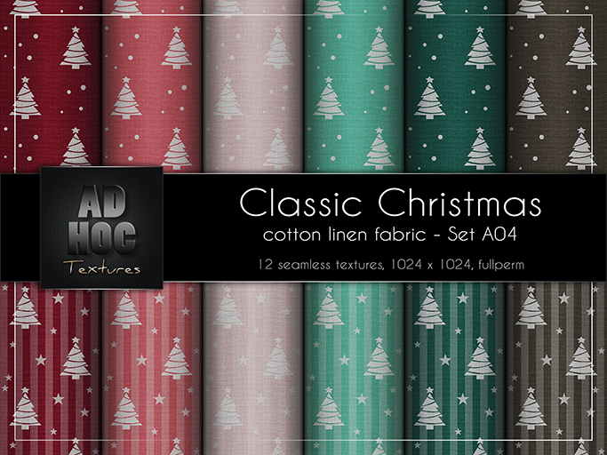 AD HOC - CLASSIC CHRISTMAS - Set A04 - Cotton Linen Fabric (christmas tree, stars, dots & stripes)