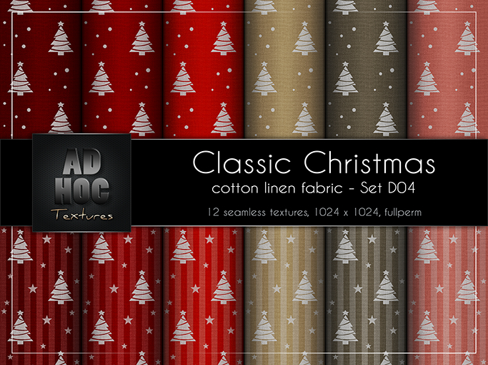 AD HOC - CLASSIC CHRISTMAS - Set D04 - Cotton Linen Fabric (christmas tree, stars, dots & stripes)