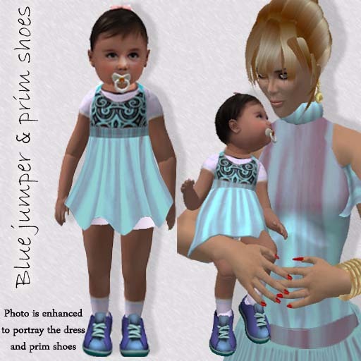 Zooby Baby Blue Jumper w/Shirt & Prim Tennis Shoes while holding