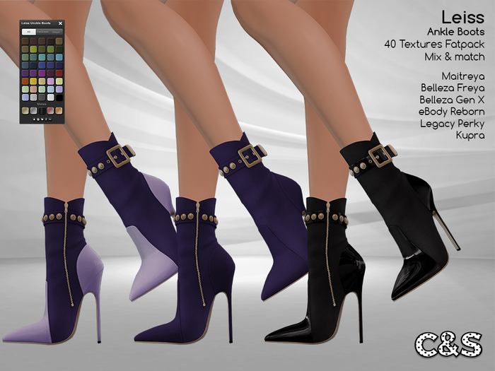 C&S Leiss Anckle Boots for Maitreya Lara, Kupra, Legacy, Belleza and eBody Reborn. 40 Textures.