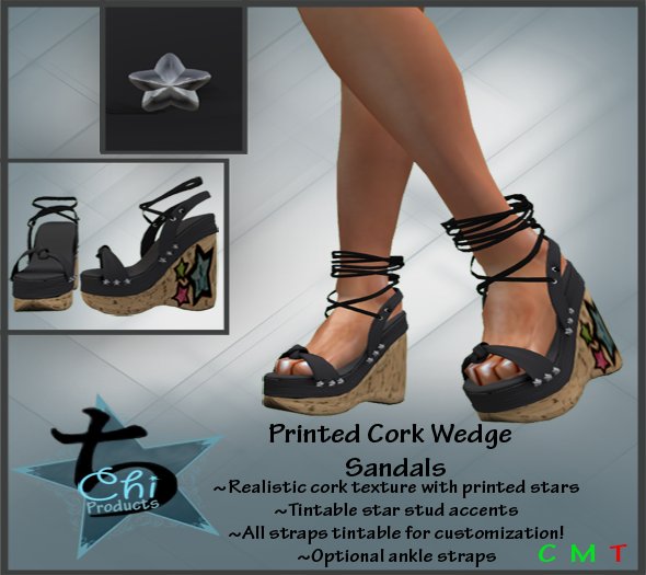 ~{Chi}~ Printed Cork Wedge Sandals-Stars