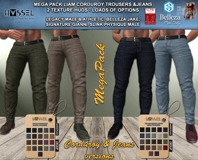 (HASSEL) MEGAPACK LIAM CASUAL CORDUROY TROUSERS & JEANS LEGACY MALE & ATHLETIC, BELLEZA JAKE, SIGNATURE GIANNI SLINK 404