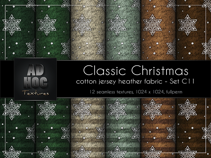 AD HOC - CLASSIC CHRISTMAS - Set C11 - Cotton Jersey Heather Fabric (snowflakes, dots & stripes)