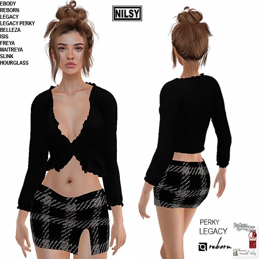 FRILLY KNIT TOP AND WOOL SKIRT,MESH BODY