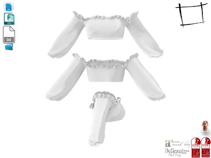 Dae Obj FBX For Off Shoulder Long Sleeves Ruffled Neck Crop Top Maitreya Slink Belleza Isis Freya Legacy Ebody Reborn