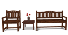 Wood Benches and Chairs (Copy/Mod) with Looping Sit Animations, Table, Poppies