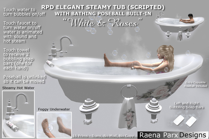 ELEGANT STEAMY BATH TUB "WHITE & ROSES" (SCRIPTED/ANIMATED) - RPD - NEW!!!
