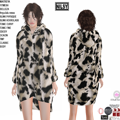 FAUX FUR HOODIE DRESS,CL&MESH BODY