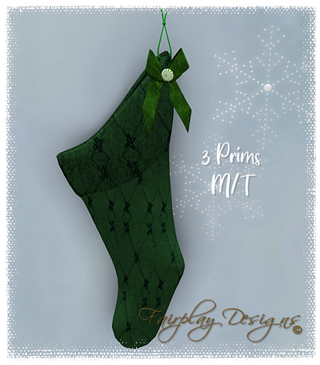 ~FDA~Green Satin Embroidered Christmas Stocking