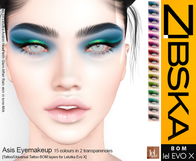 Zibska Evo X ~ Asis Eyemakeup in 15 colors in 2 transparencies with tattoo and universal tattoo BOM layers