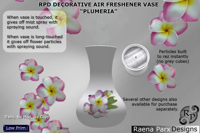 RPD "PLUMERIA" AIR FRESHENER VASE WITH MIST, SOUND AND PARTICLES ON TOUCH - RPD - NEW!!!