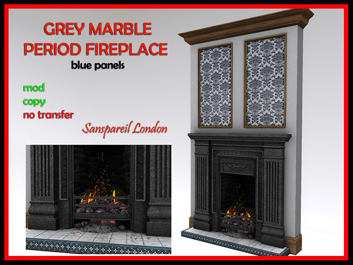 Period Fire With Chimney Grey Marble Blue Panels
