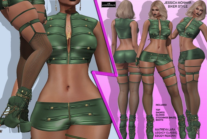 **JESSICA MONHAR GREEN BIKER STYLE COMPLET OUTFIT**