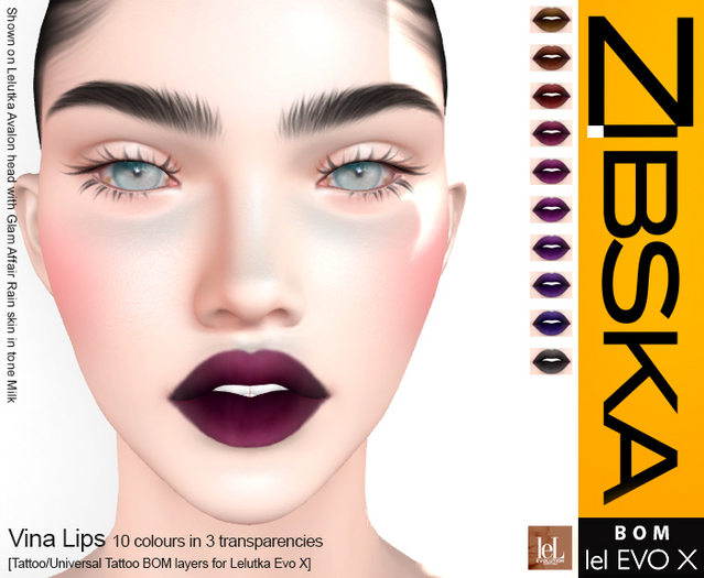 Zibska Evo X ~ Vina Lips in 10 colors in 3 transparencies with tattoo and universal tattoo BOM layers