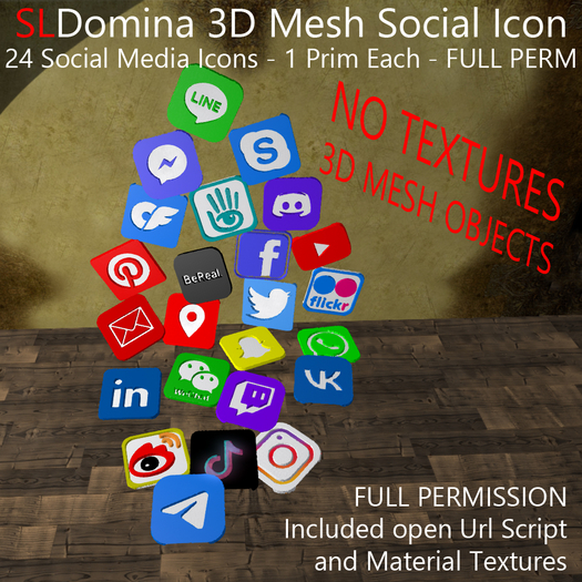 [FP] SLDomina - 24 3D Mesh Social Icons FULL PERMISSION - Social Media, Chat, Mail, Marketplace, Map. Set 2023 