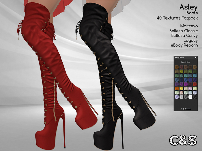C&S Asley Boots for Maitreya, Belleza, Legacy and eBody Reborn. 40 Textures.