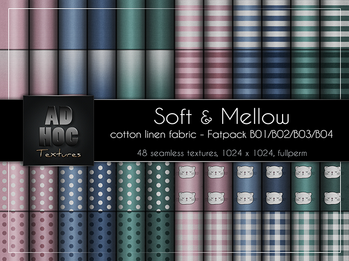 AD HOC - SOFT & MELLOW - Fatpack B01-B02-B03-B04 - Cotton Linen Fabric (solids, gradient, stripes, dots, cat, gingham)