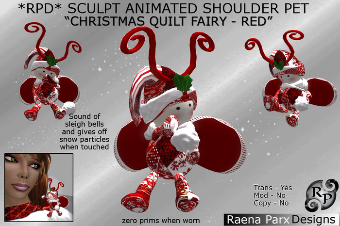 CHRISTMAS QUILT FAIRY "RED" SHOULDER PET - ANIMATED, SCULPT - *RPD*