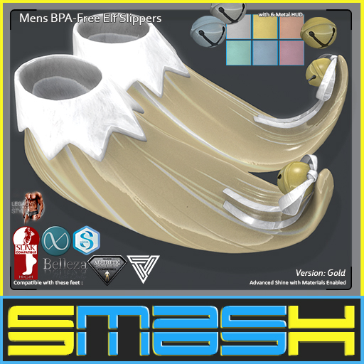 SMASH - Mens BPA-Free Elf Slippers (Gold)