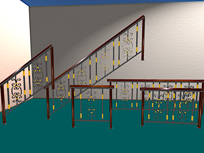Stair railing and wrought iron balcony, 